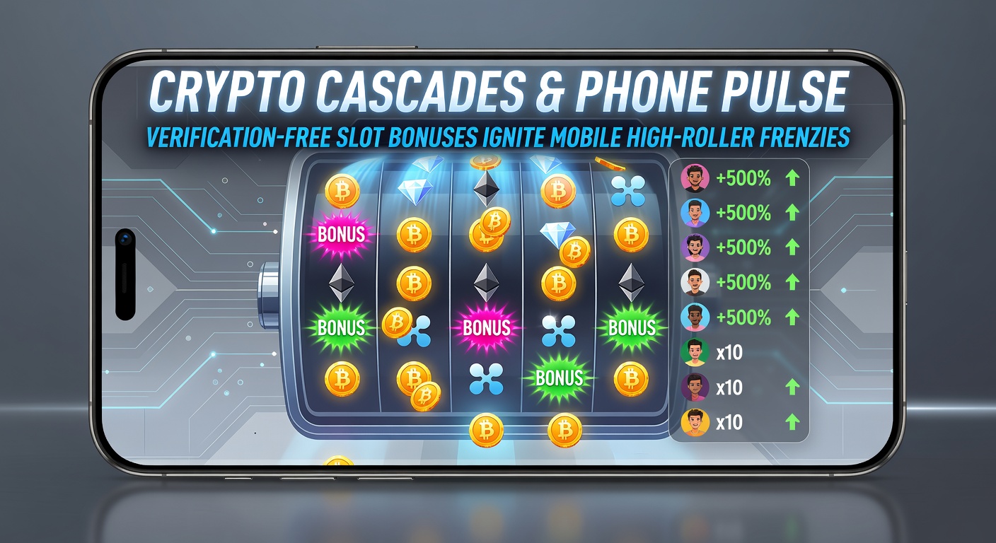 Dynamic mobile phone screen showing a Phone Pulse deposit confirmation leading to a slot bonus round, with crypto wallet icons and cascading win animations in the background