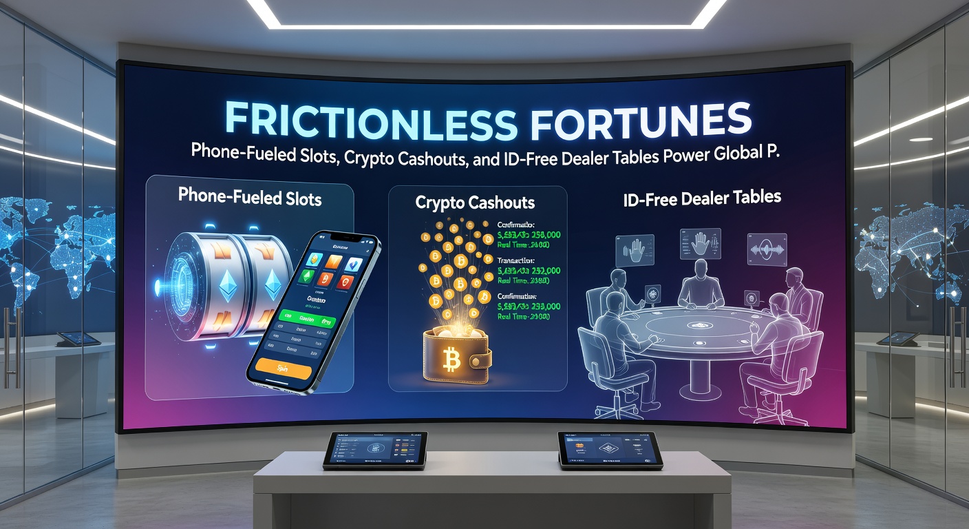 Dynamic scene of a cryptocurrency wallet receiving instant slot jackpot payout next to a live dealer blackjack table on a split-screen mobile view, highlighting ID-free access and phone integration in global gambling