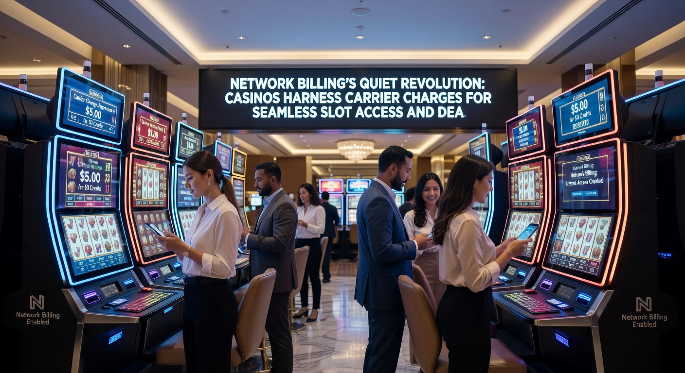 Dynamic graphic showing carrier billing flow from phone tap to slot spins and live dealer interactions, highlighting instant transactions and global casino icons