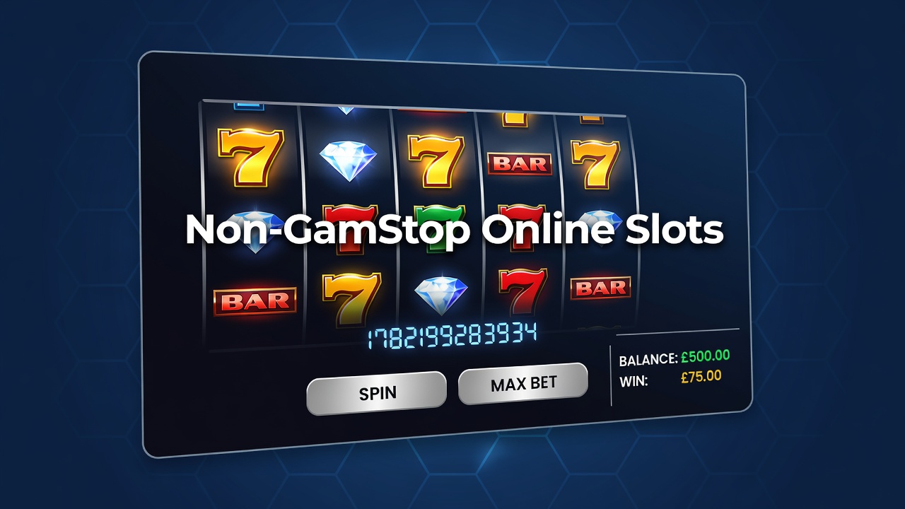 Close-up view of slot game reels and paytable displays on a non-GamStop platform with mobile compatibility indicators