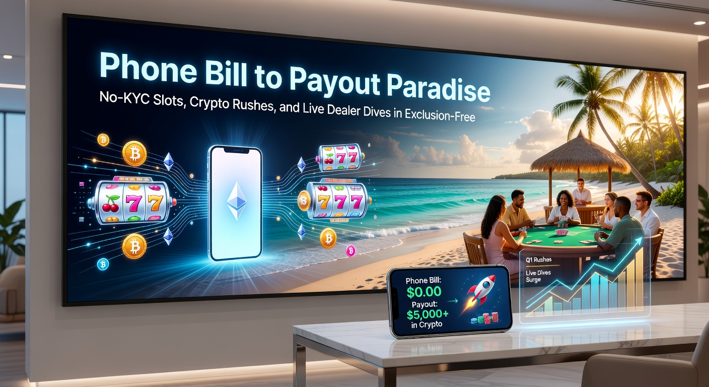 Dynamic illustration of cryptocurrency coins rushing from slot wins to digital wallets, with phone icons and live dealer cards in the background, symbolizing rapid, verification-free cashouts