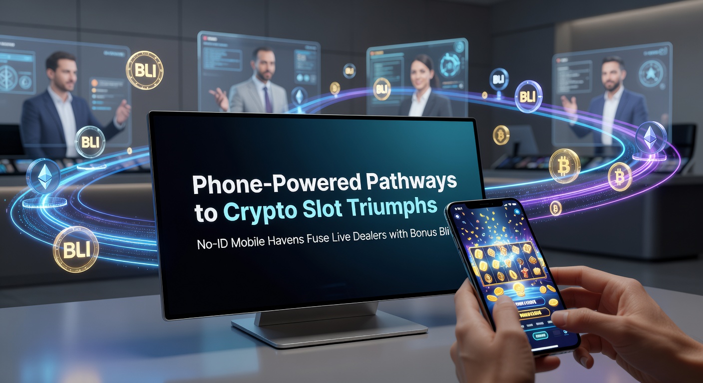 Dynamic image of a smartphone interface showing phone bill deposit confirmation leading to crypto slot victory screen with live dealer broadcast and cascading bonuses