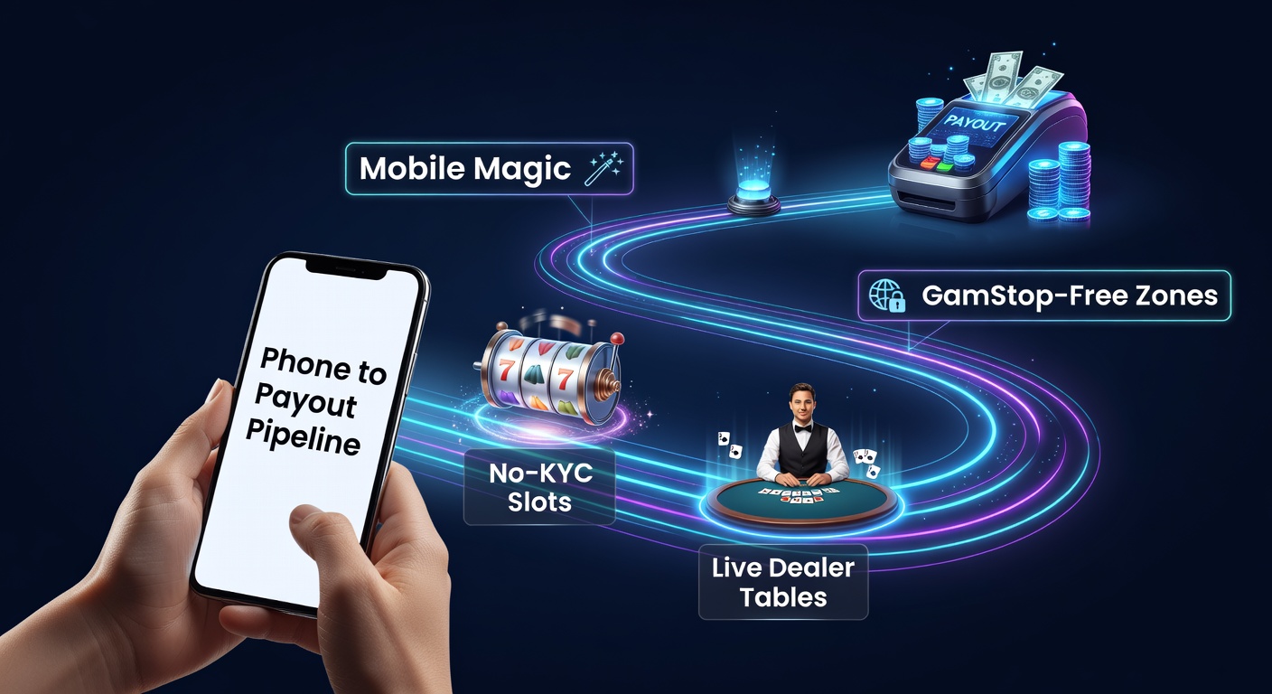Dynamic view of live dealer tables integrated with mobile phone deposits and no-KYC slots, emphasizing quick payouts in GamStop-free gaming zones