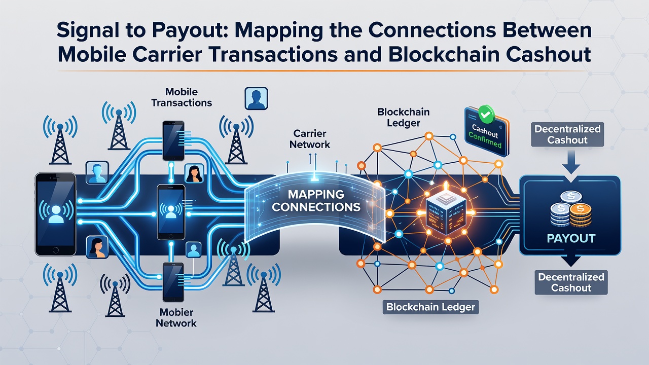 Flowchart illustrating blockchain cashout process linked to mobile carrier deposits in entertainment platforms