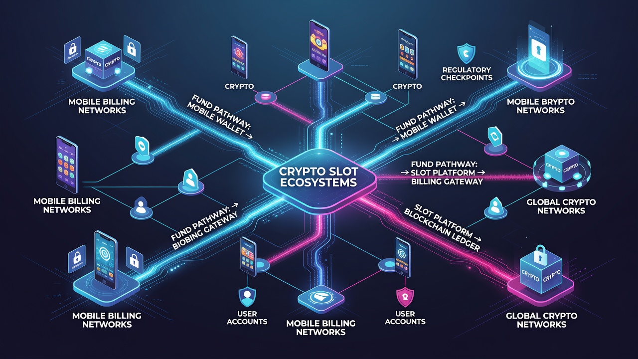Flowchart showing interconnected mobile billing, crypto exchange, and slot platform transaction nodes